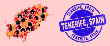 İbiza Adası Harita Kolajı Alev ve Binalar ve Dokulu Tenerife, İspanya Mührü