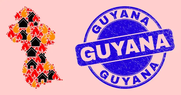 Mapa de Guyana Collage of Flame and Realty and Textured Guyana Seal Stamp — Vector de stock