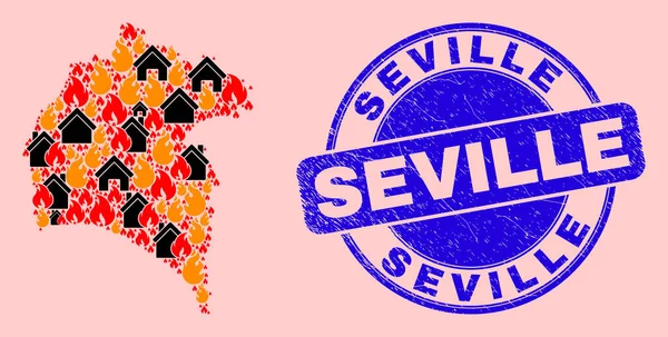 Mapa provincie Huelva Collage of Flame and Realty and Texured Seville Stamp — Stockový vektor