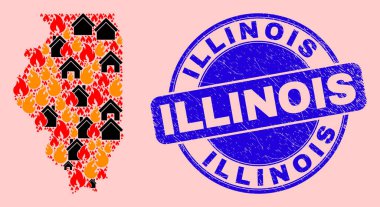 Illinois Eyalet Haritası Alev ve Gayrimenkul Kompozisyonu ve Illinois Mührü