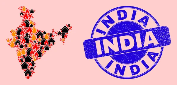 インド地図モザイク・オブ・フレイム・アンド・ホーム&テクスチャ・インディア切手 — ストックベクタ