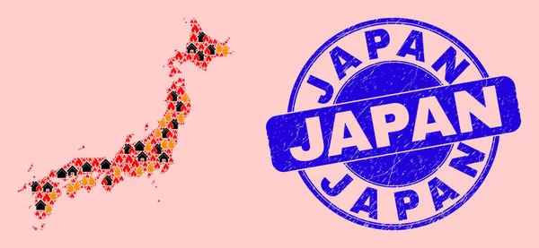 Japan Karta Collage av eld och byggnader och Grunge Japan Seal — Stock vektor