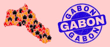 Kürdistan Ateş ve Binalar Kolajı ve Grunge Gabon Damgası