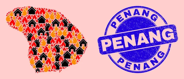 Mapa wyspy Lanai Collage of Fire and Houses and Textured Penang Seal — Wektor stockowy