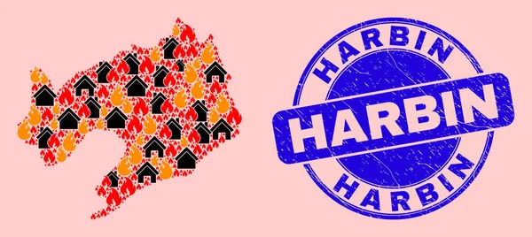 Landkarte der Provinz Liaoning Mosaik aus Flammen und Häusern und zerkratzter Harbin-Briefmarke — Stockvektor