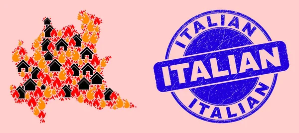 Landkarte der Region Lombardei Collage aus Feuer und Häusern und italienischer Siegelmarke Grunge — Stockvektor