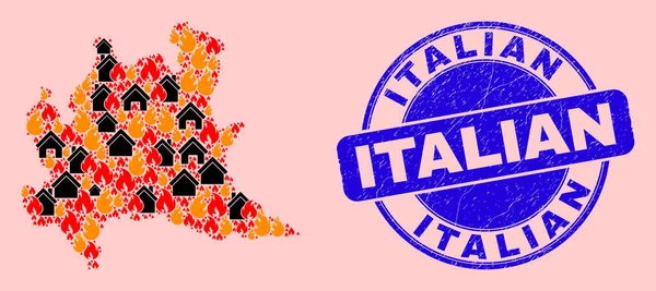 Region Lombardia Mapa Kolaż ognia i domów oraz Pieczęć Pieczęć Włoska Grunge — Wektor stockowy