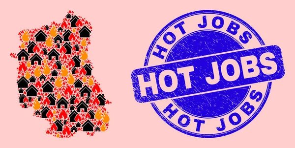 Lublin vojvodství Mapa Mozaika ohně a domů a Grunge Hot Jobs Stamp — Stockový vektor