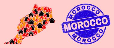 Fas Haritası Alev ve Gayrimenkul Mozaiği ve Çizilmiş Fas Mührü