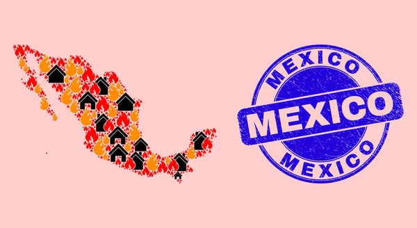 Meksyk Mapa Kolaż Płomienia i Domy i Grunge Mexico Seal — Wektor stockowy