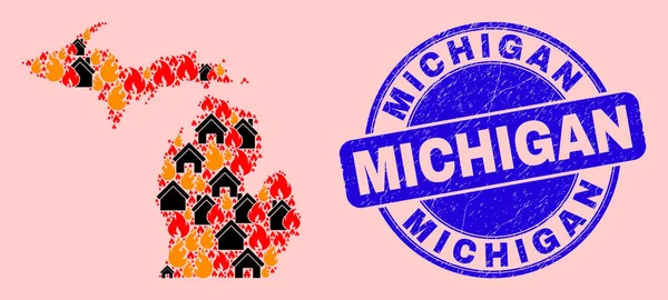 Mapa del estado de Michigan Mosaico de fuego y edificios y angustia Sello de Michigan — Vector de stock