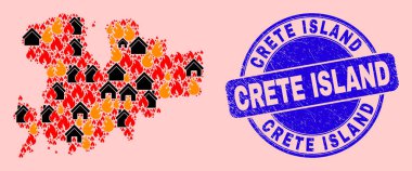 Mykonos Adası Yangın ve Evler ve desenli Girit Adası Mührü Mozaiği