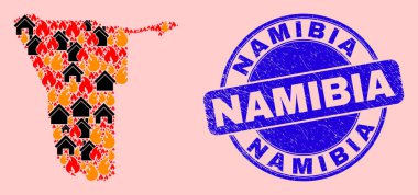 Namibya Yangın ve Binalar Mozaiği ve Grunge Namibya Mührü