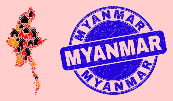 Myanmar Kaart Collage van vlam en huizen en Grunge Myanmar Seal — Stockvector