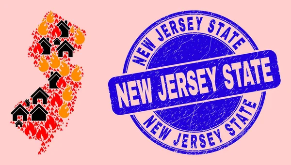 New Jersey State Map Sammansättning av brand och byggnader och texturerad New Jersey State Seal — Stock vektor