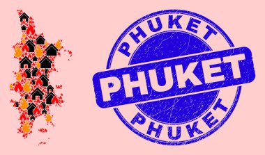 Alev ve Evlerin ve desenli Phuket Pulunun Phuket Haritası Kolajı