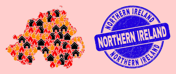 Northern Ireland Map Composition of Fire and Houses and Grunge Northern Ireland Seal