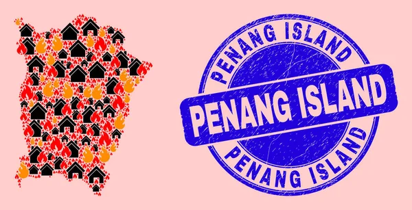 Peta Pulau Penang Komposisi Flame dan Realty dan Grunge Stamp Pulau Penang - Stok Vektor