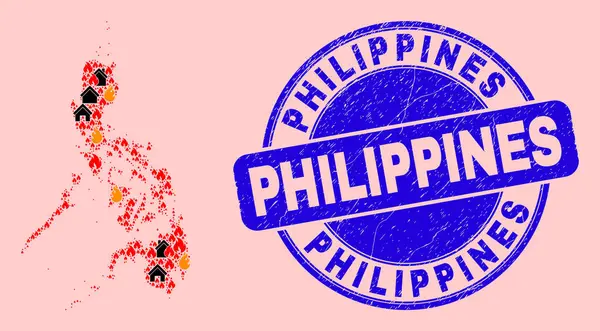 Filippine Mappa Composizione di Fiamma ed Edifici e Distress Filippine Seal — Vettoriale Stock