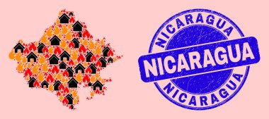 Rajasthan Devlet Haritası Yangın ve Evler Mozaiği ve Grunge Nikaragua Mührü