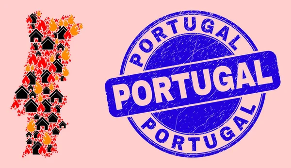 Portugal Carte Composition du feu et des maisons et détresse Timbre du Portugal — Image vectorielle