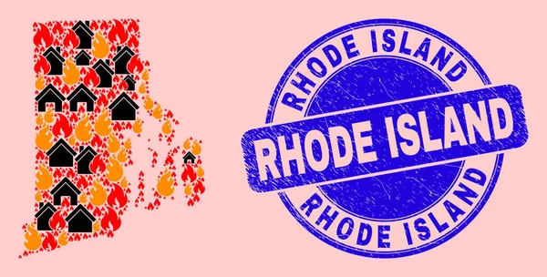 Rhode Island State Map Collage of Fire and Realty and Grunge Rhode Island Seal Stamp — Stock vektor