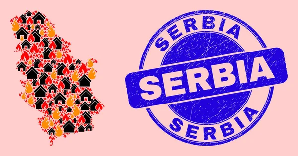 Sérvia Mapa Mosaico do fogo e propriedades e angústia Sérvia Seal —  Vetores de Stock