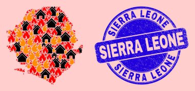 Sierra Leone Ateş ve Evlerin Haritası ve Grunge Sierra Leone Mührü