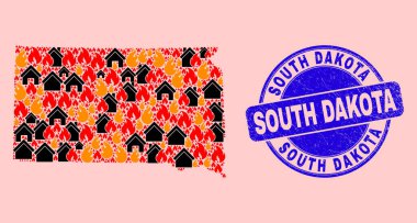Güney Dakota Eyalet Haritası Alev ve Özellikler ve Çizilmiş Güney Dakota Mührü