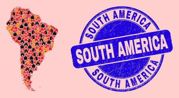South America Map Collage of Flame and Realty and Textured South America Seal Stamp — стоковий вектор