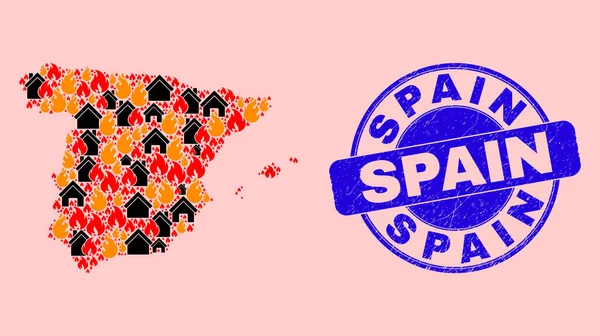 Španělsko Mapa Mozaika ohně a reality a textury Španělsko Tulení razítko — Stockový vektor