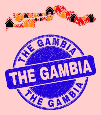 Gambiya Haritası Ateş ve Evler Mozaiği Gambiya Mührü