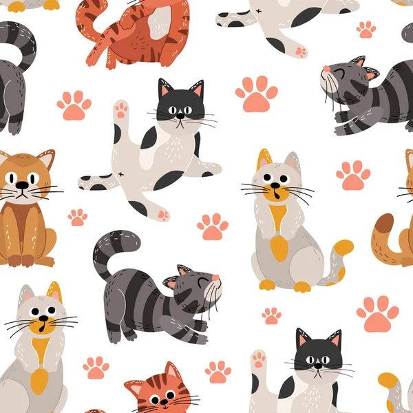 Leuke katten platte vector naadloos patroon. — Stockvector