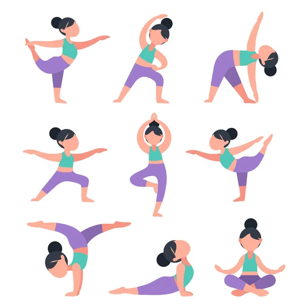 Conjunto de chicas planas haciendo yoga. — Vector de stock