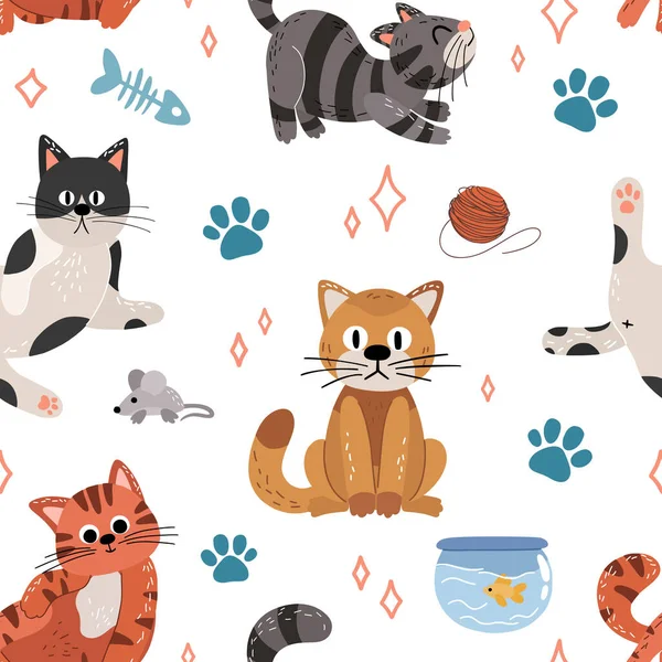 Leuke katten platte vector naadloos patroon. — Stockvector