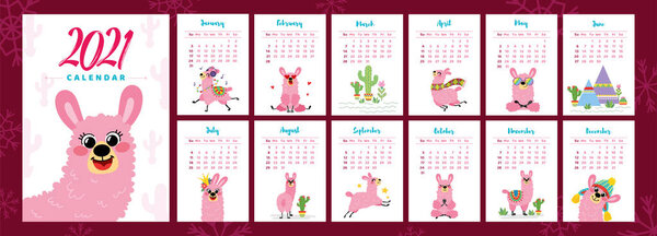 Calendar 2021 with pink llama.