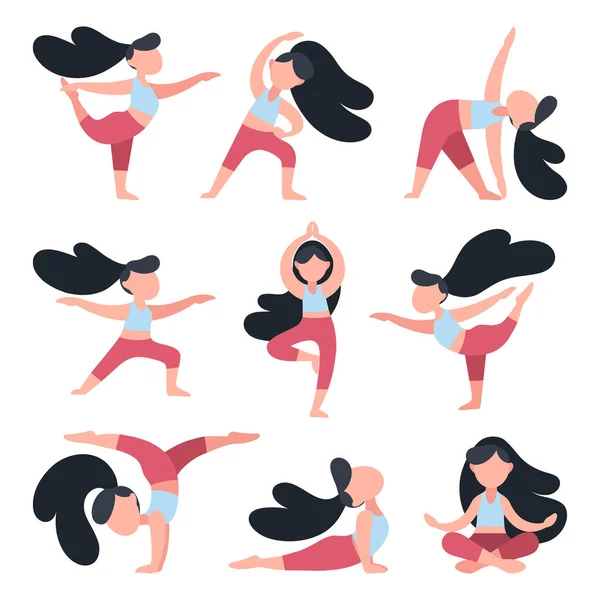 Conjunto de chicas planas haciendo yoga. — Vector de stock