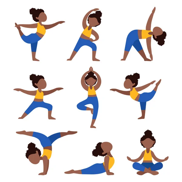 Conjunto de chicas planas haciendo yoga. — Vector de stock