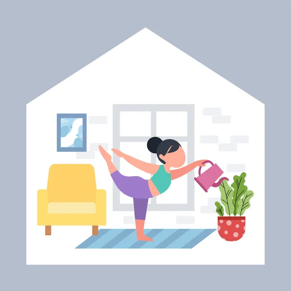 Chica o mujer haciendo yoga en casa. — Vector de stock
