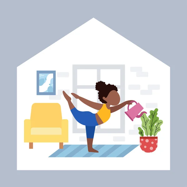 Chica negra, mujer afroamericana haciendo yoga en casa. — Vector de stock