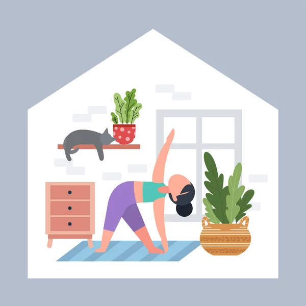 Chica o mujer haciendo yoga en casa. — Vector de stock