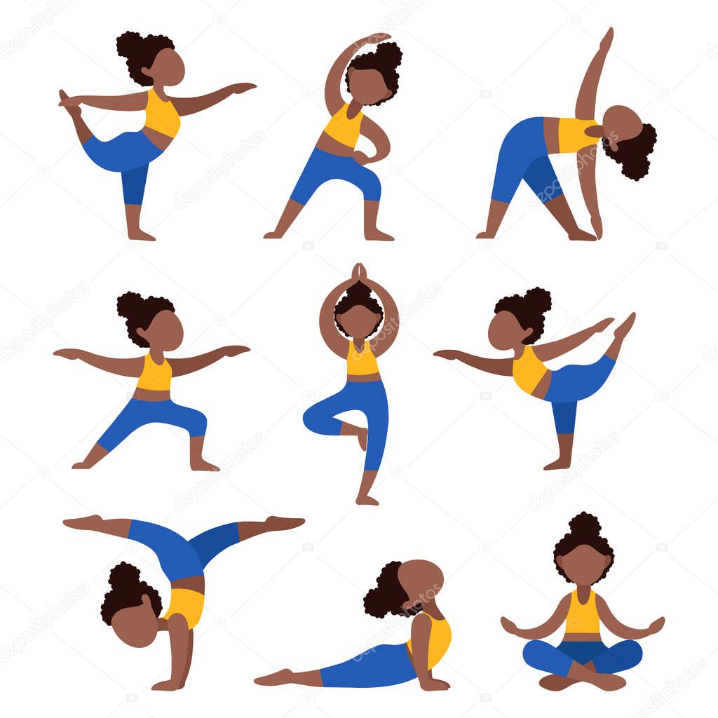 Set of flat girls doing yoga.