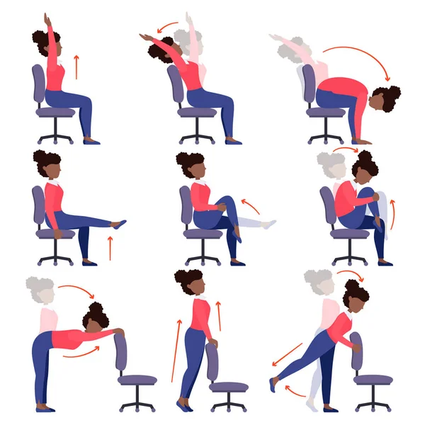 Instrucciones chica negra haciendo yoga silla de oficina. — Vector de stock
