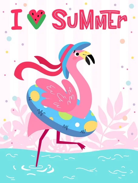Üdvözlőlap flamingóval és felirattal Imádom a nyarat. — Stock Vector