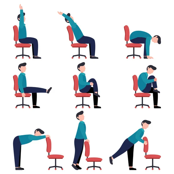 Conjunto de hombres haciendo yoga silla de oficina. — Vector de stock