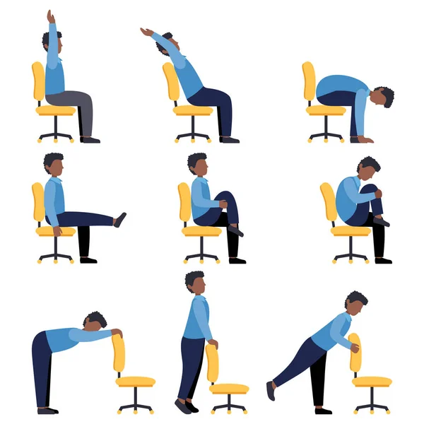Conjunto de homens negros fazendo ioga cadeira de escritório. —  Vetores de Stock