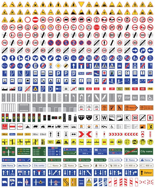 Дорожні Знаки Ізольовані Білому Тлі Більше Чотирьохсот Дорожніх Знаків Високої — стоковий вектор