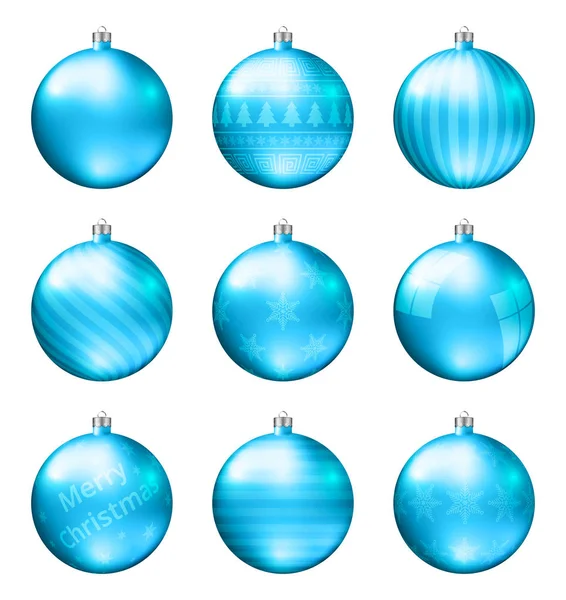 在白色背景查出的浅蓝色圣诞球 逼真的高品质的圣诞节小玩意的矢量集 不同的模式 — 图库矢量图片