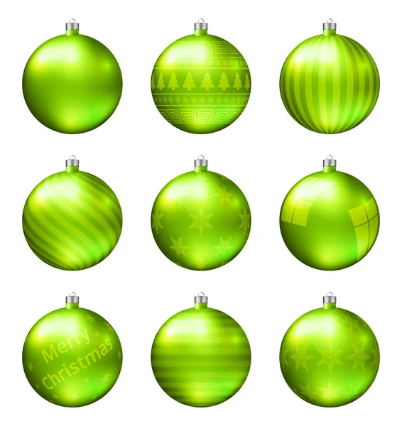 在白色背景查出的浅绿色圣诞球 逼真的高品质的圣诞节小玩意的矢量集 不同的模式 — 图库矢量图片