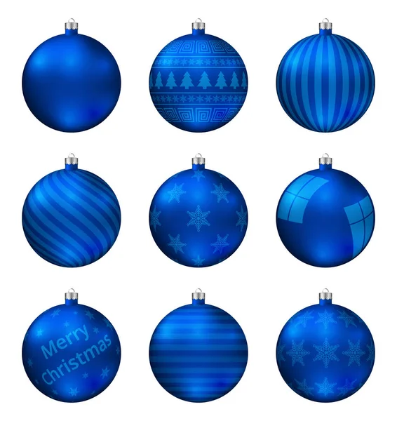 蓝色的圣诞球查出的白色背景 逼真的高品质的圣诞节小玩意的矢量集 不同的模式 — 图库矢量图片